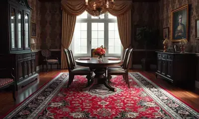 Beautifully restored oriental area rug in a formal dining room