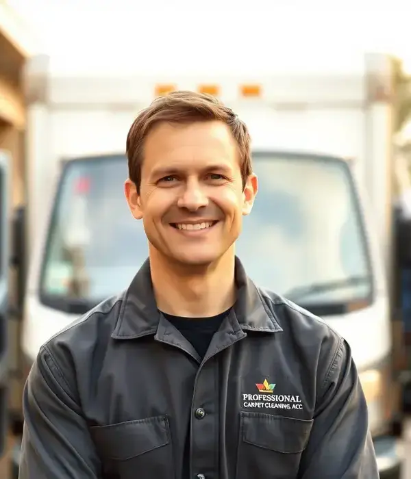 Michael Thompson, founder of Abc Carpet Care, standing in front of professional cleaning equipment