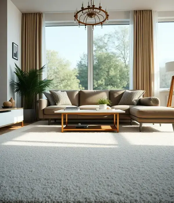 Freshly cleaned bright carpet in a modern living room with natural light