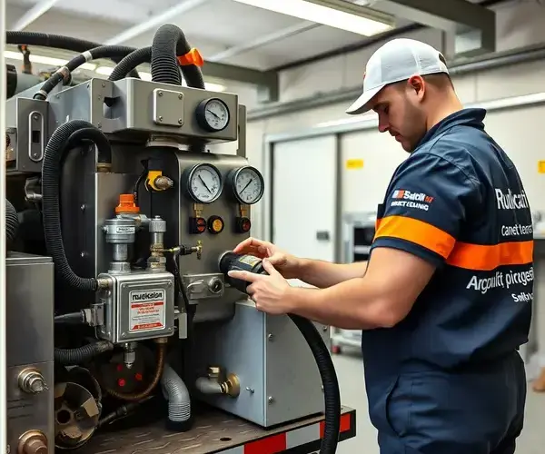 Professional carpet cleaning technician preparing equipment before starting job