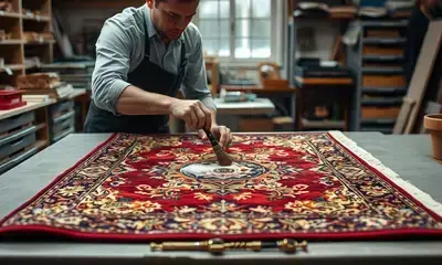 Delicate hand-cleaning of an antique Oriental area rug on a flat surface