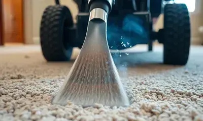 Professional hot water extraction carpet cleaning machine treating high-traffic area