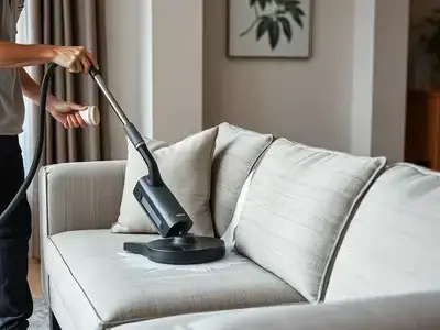 Professional upholstery cleaning on a fabric living room sofa