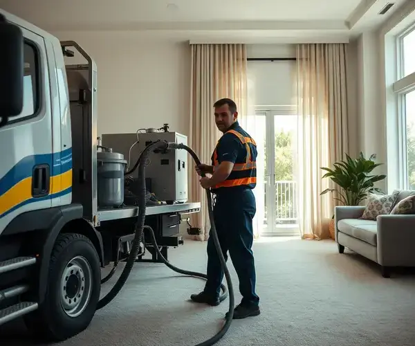 Professional carpet cleaning technician using truck-mounted equipment in a modern living room