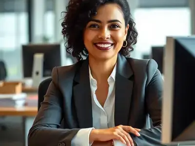 Jennifer Rodriguez, Office Manager, 38 years old Hispanic woman with dark curly hair and warm expression at desk