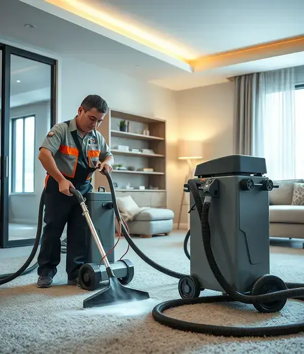 Professional carpet cleaning technician working in a modern home setting